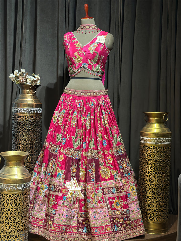 Rani Pink Floral Resham Embroidered Silk Lehenga Set