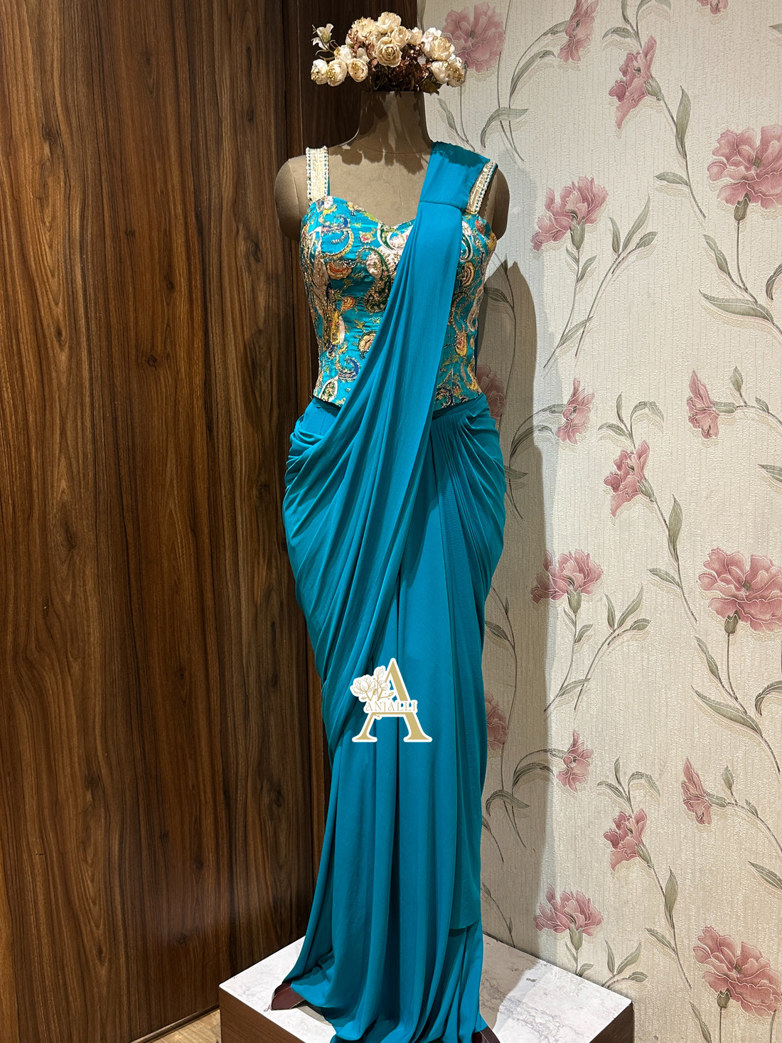 Electric Cerulean Blue Embellished Pre-Draped Saree Gown