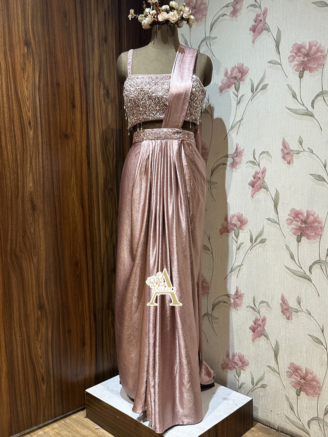 Metallic Dusty Rose Embellished Pre-Draped Saree