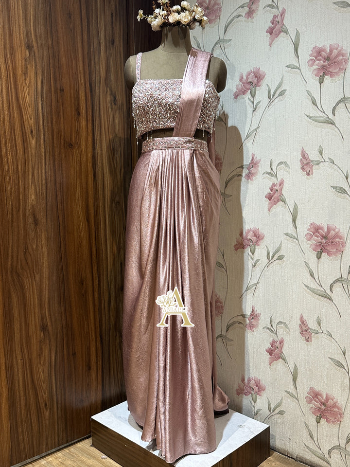 Metallic Dusty Rose Embellished Pre-Draped Saree