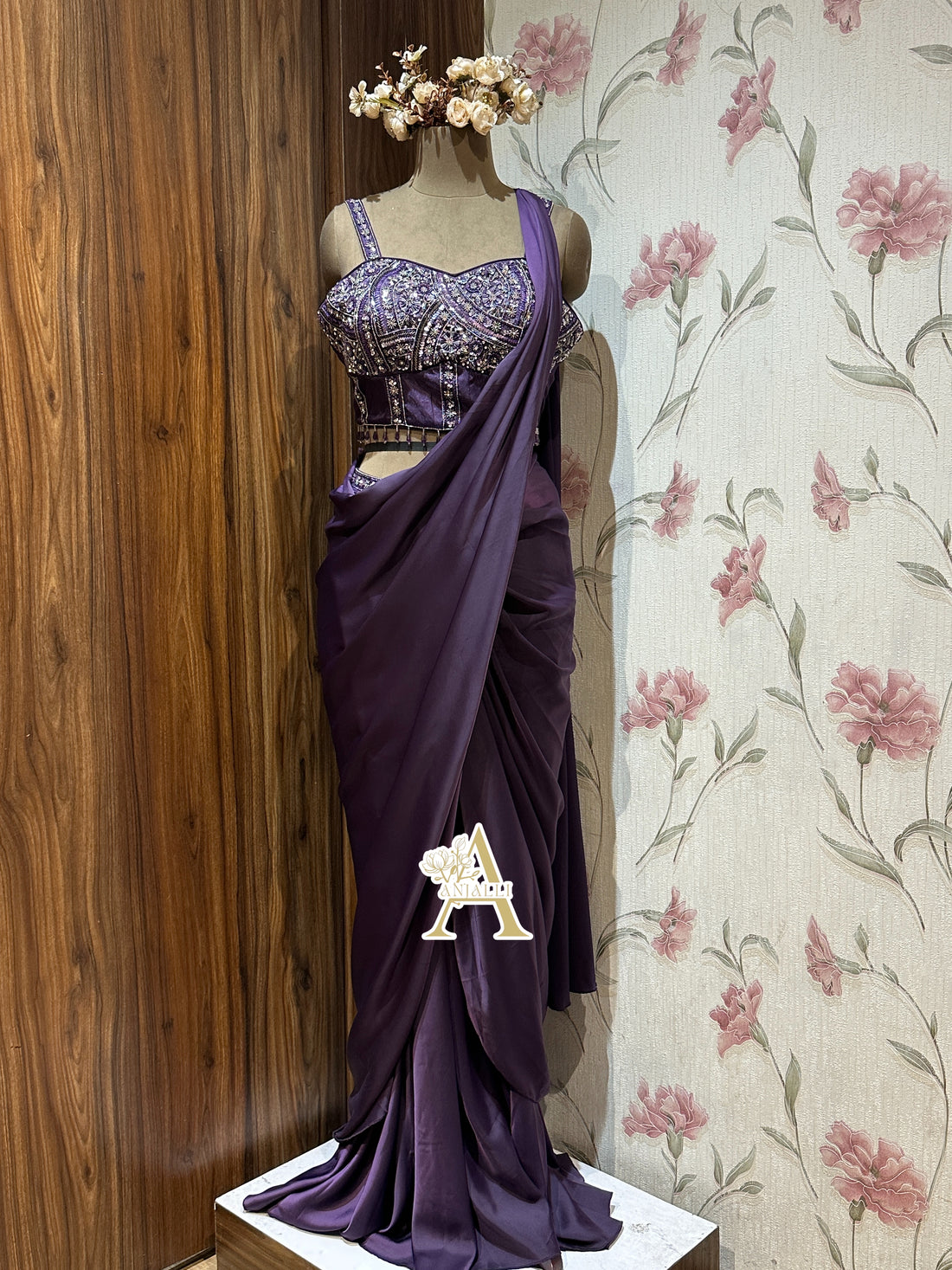 Deep Plum Embellished Corset Pre-Draped Saree Gown