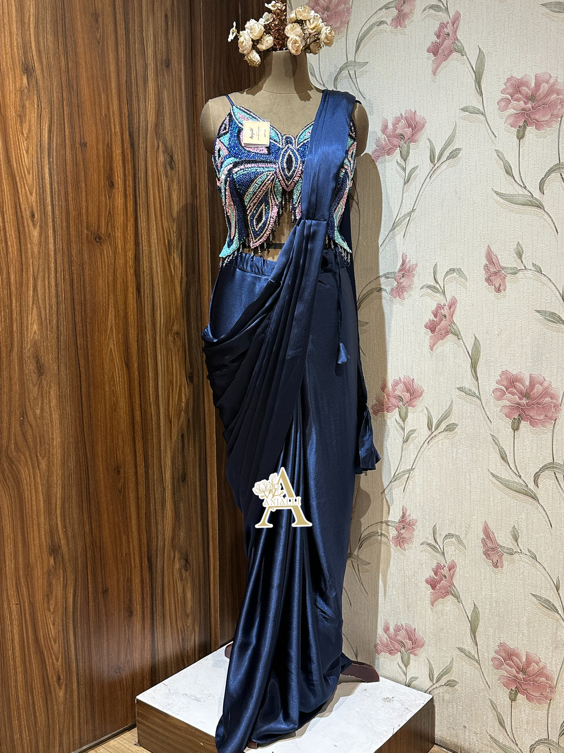 Midnight Blue Butterfly Corset Pre-Draped Saree