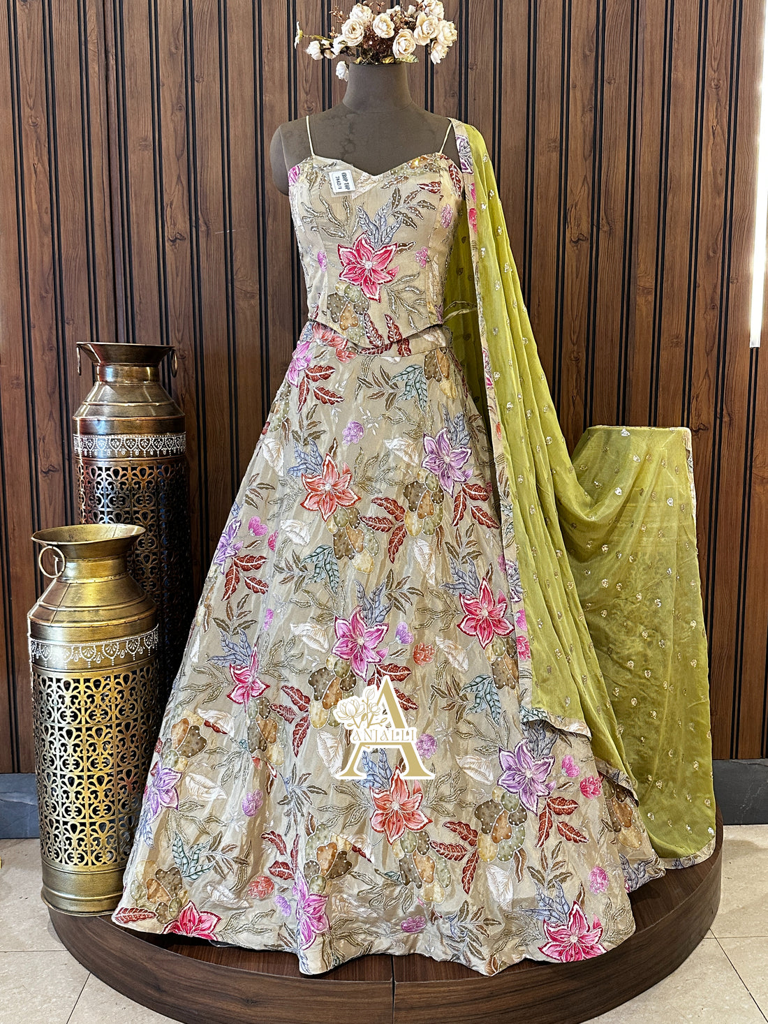 Champagne Beige Botanical Embroidered Silk Lehenga with Olive Net Dupatta