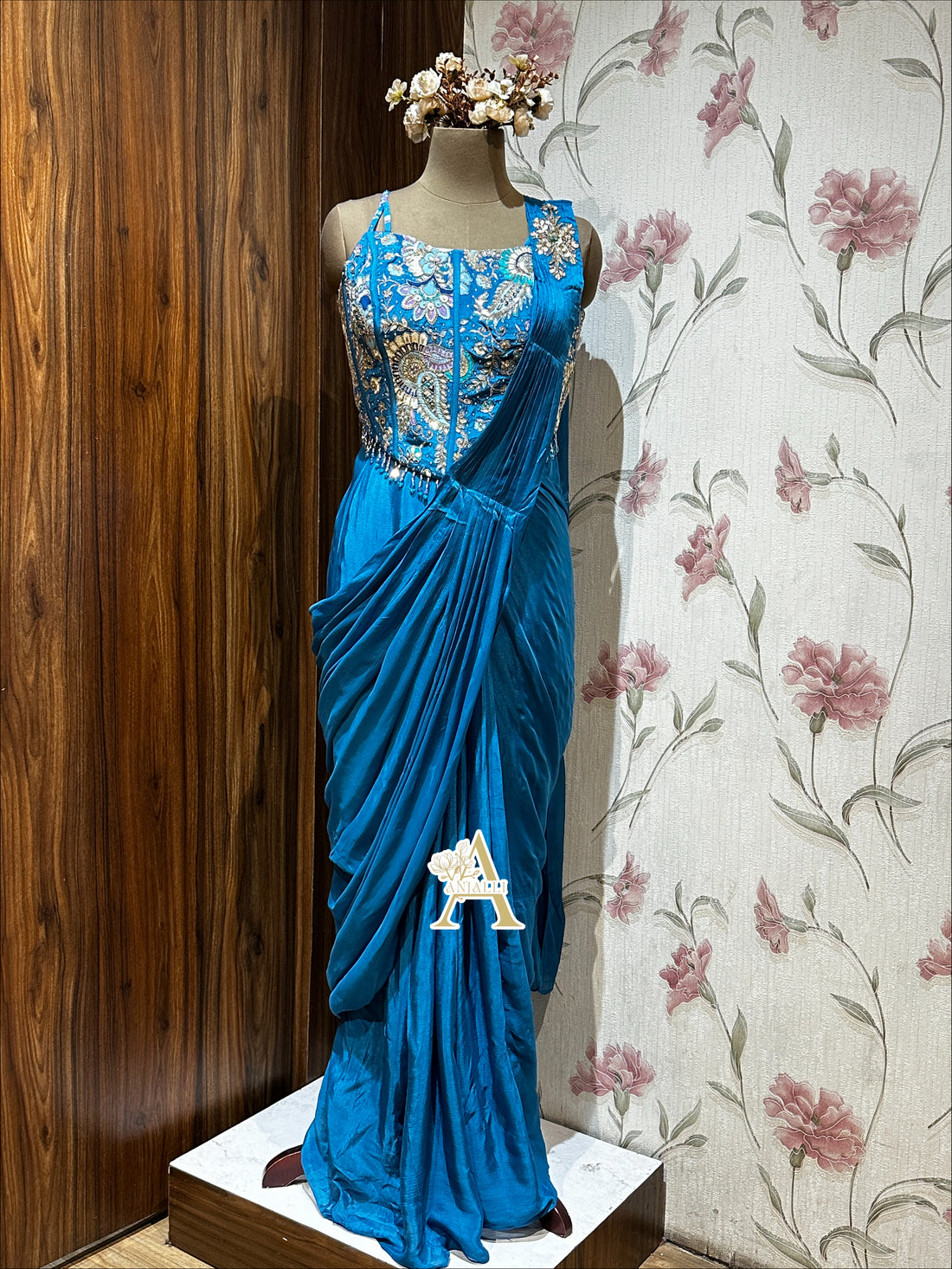 Electric Cerulean Blue Crystal Embellished Pre-Draped Saree