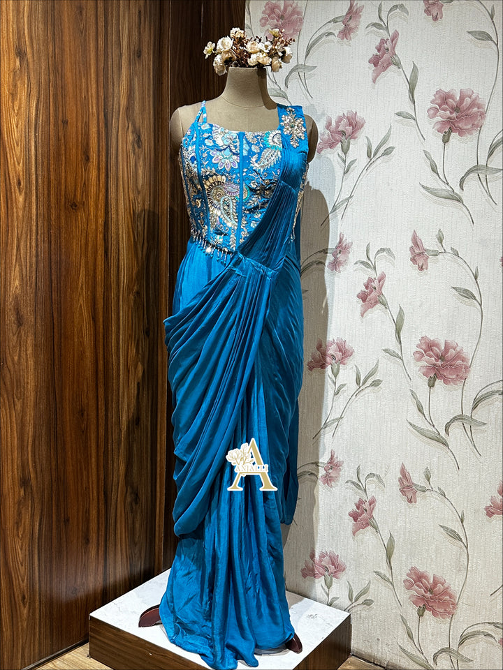 Electric Cerulean Blue Crystal Embellished Pre-Draped Saree