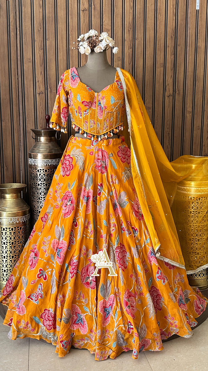 Marigold Yellow Floral Resham Corset Lehenga Set with Tassels