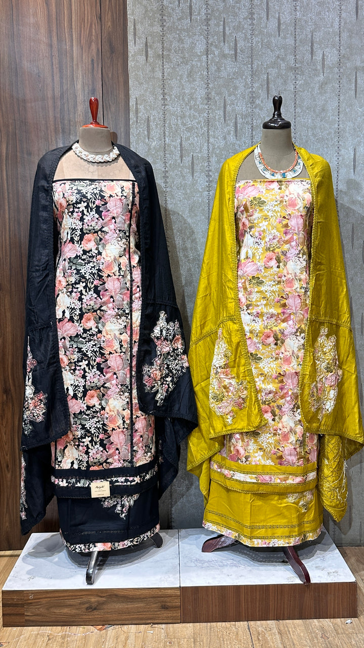 Silk Floral Printed Unstitched Suit with Embroidered Dupatta