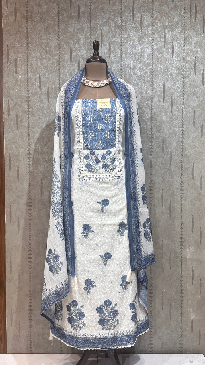 Ivory & Dusty Indigo Schiffli Embroidered Unstitched Suit
