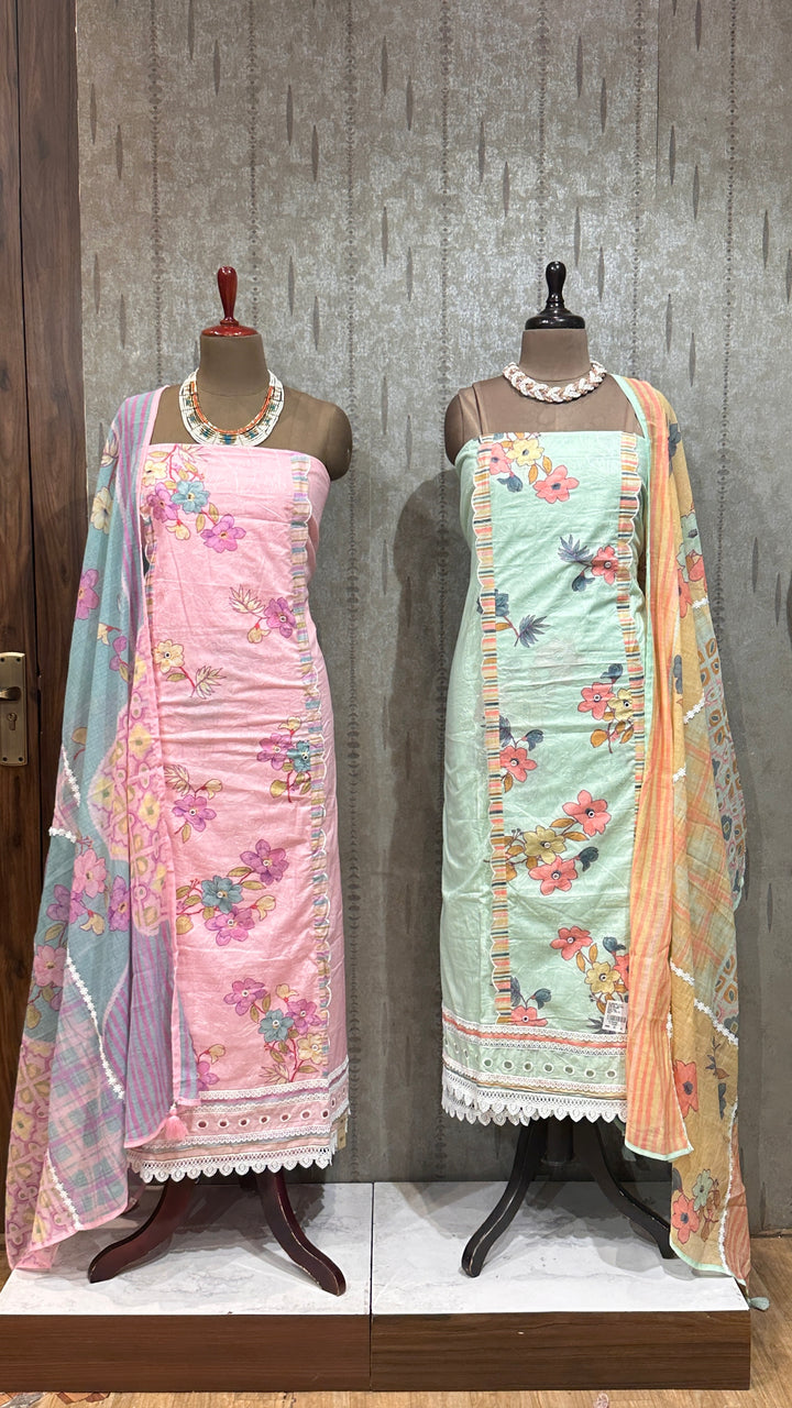 Pastel Watercolor Floral Cotton-Linen Silk Unstitched Suit