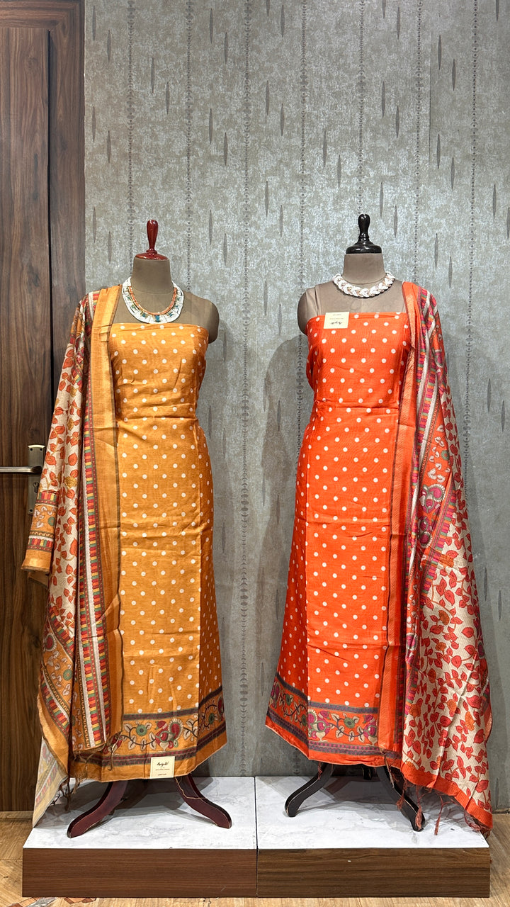 Bandhani Polka & Kalamkari Border Silk Unstitched Suit