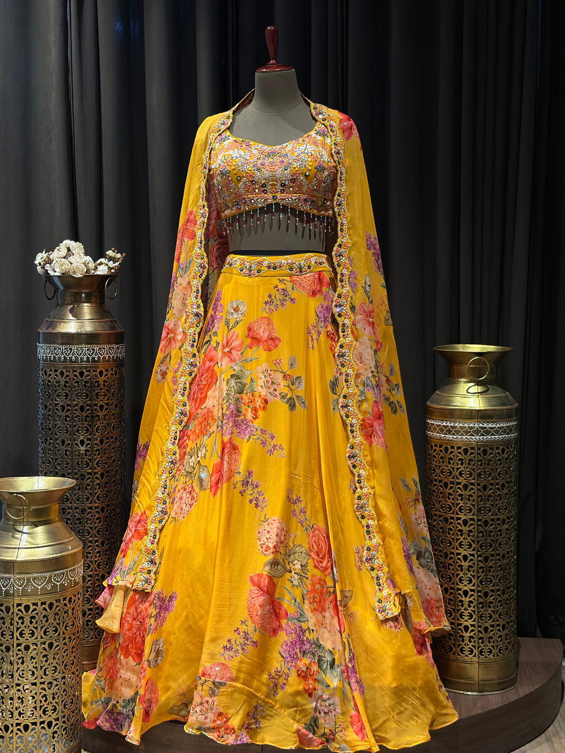 Sunshine Yellow Floral Mirror & Bead Embellished Cape Lehenga Set