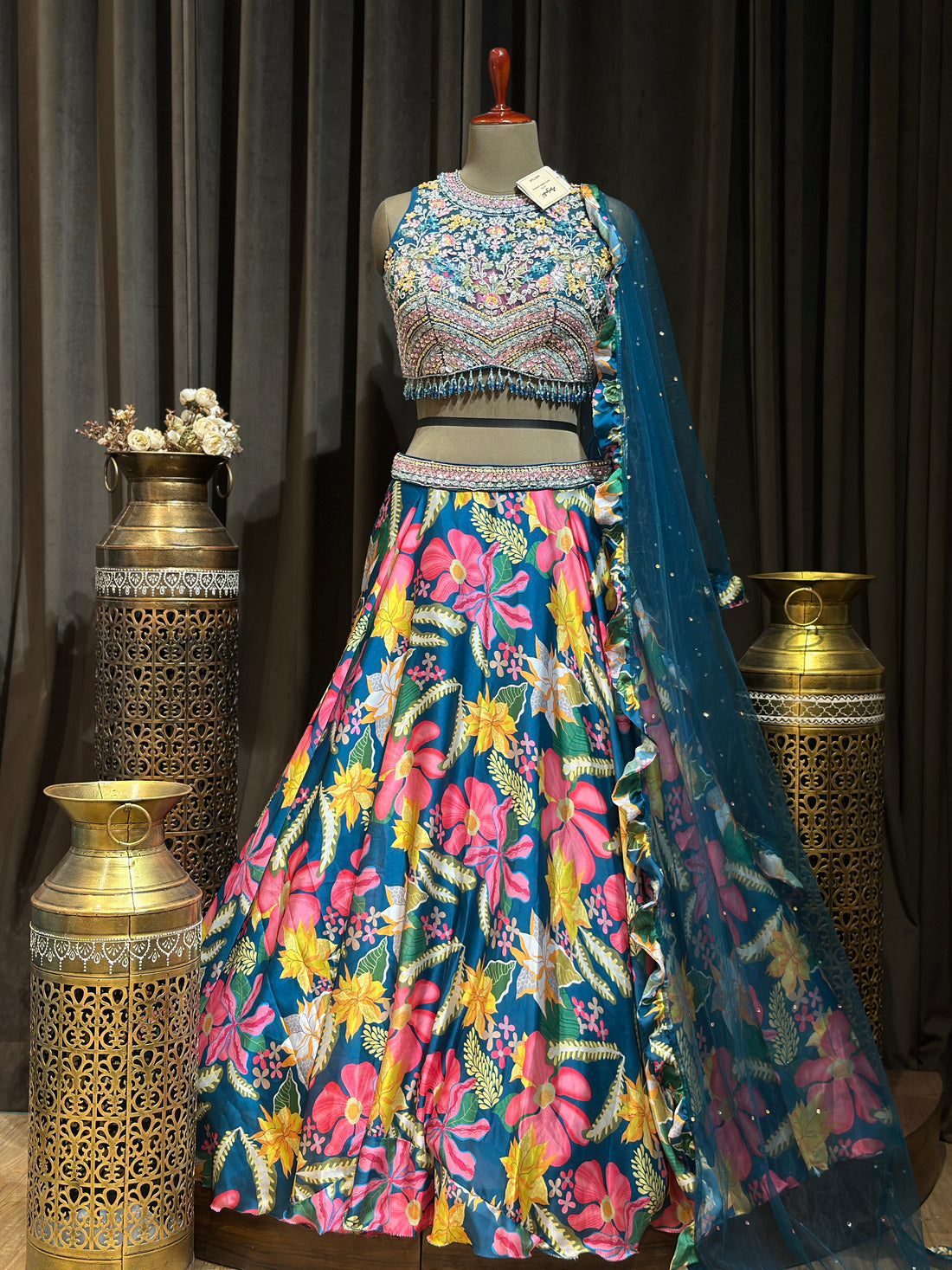 Peacock Teal Tropical Botanical Embroidered Lehenga with Ruffled Dupatta